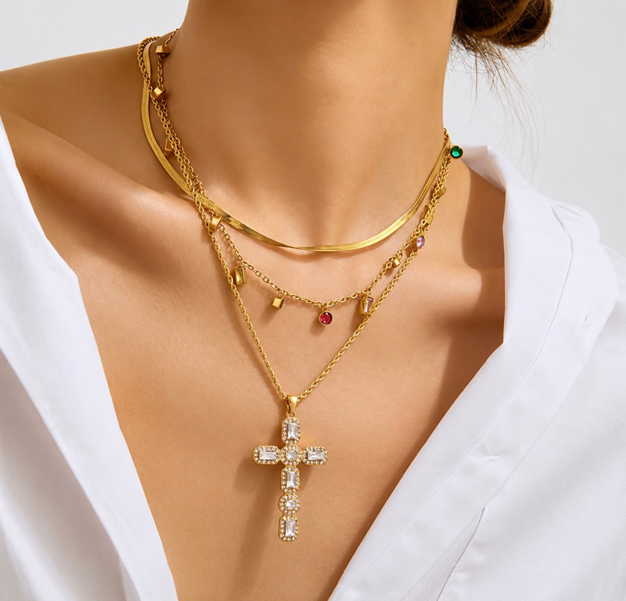 CZ Cross Pendant Necklace Stainless Steel