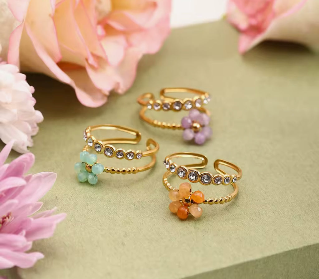 Crystal Beaded Flower Layered Ring Stainless Steel