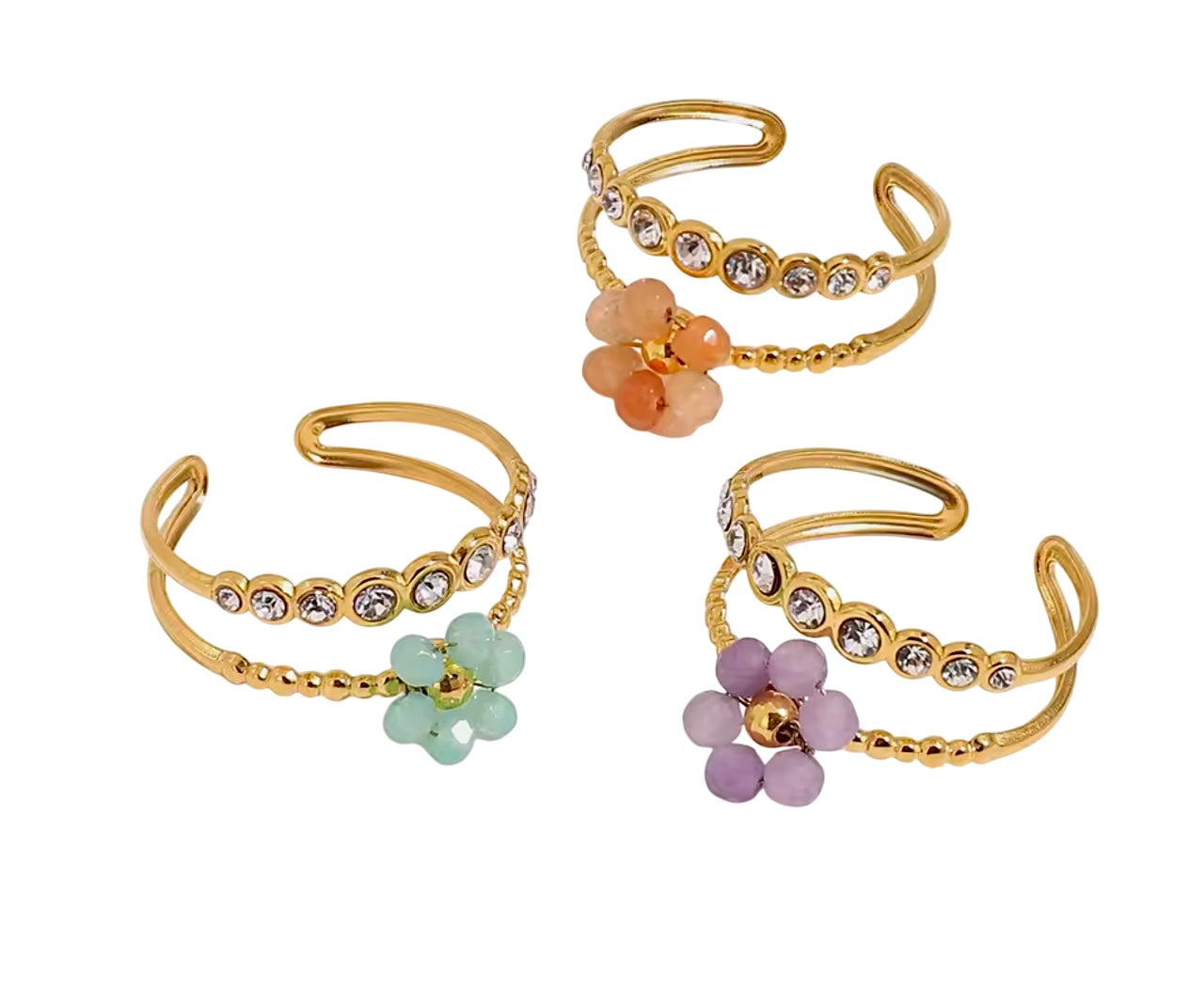 Crystal Beaded Flower Layered Ring Stainless Steel