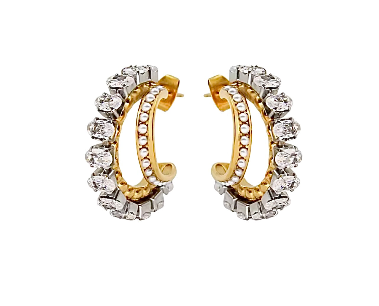 Double Hoop CZ and Pearl Earrings Stainless Steel