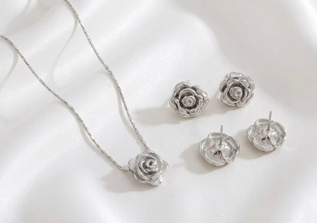 Silver Rose Necklace and Earring Set Stainless Steel