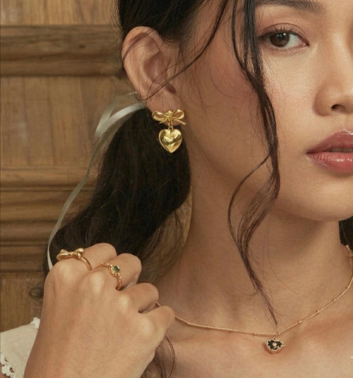 Bow Heart Dangle Earrings Stainless Steel