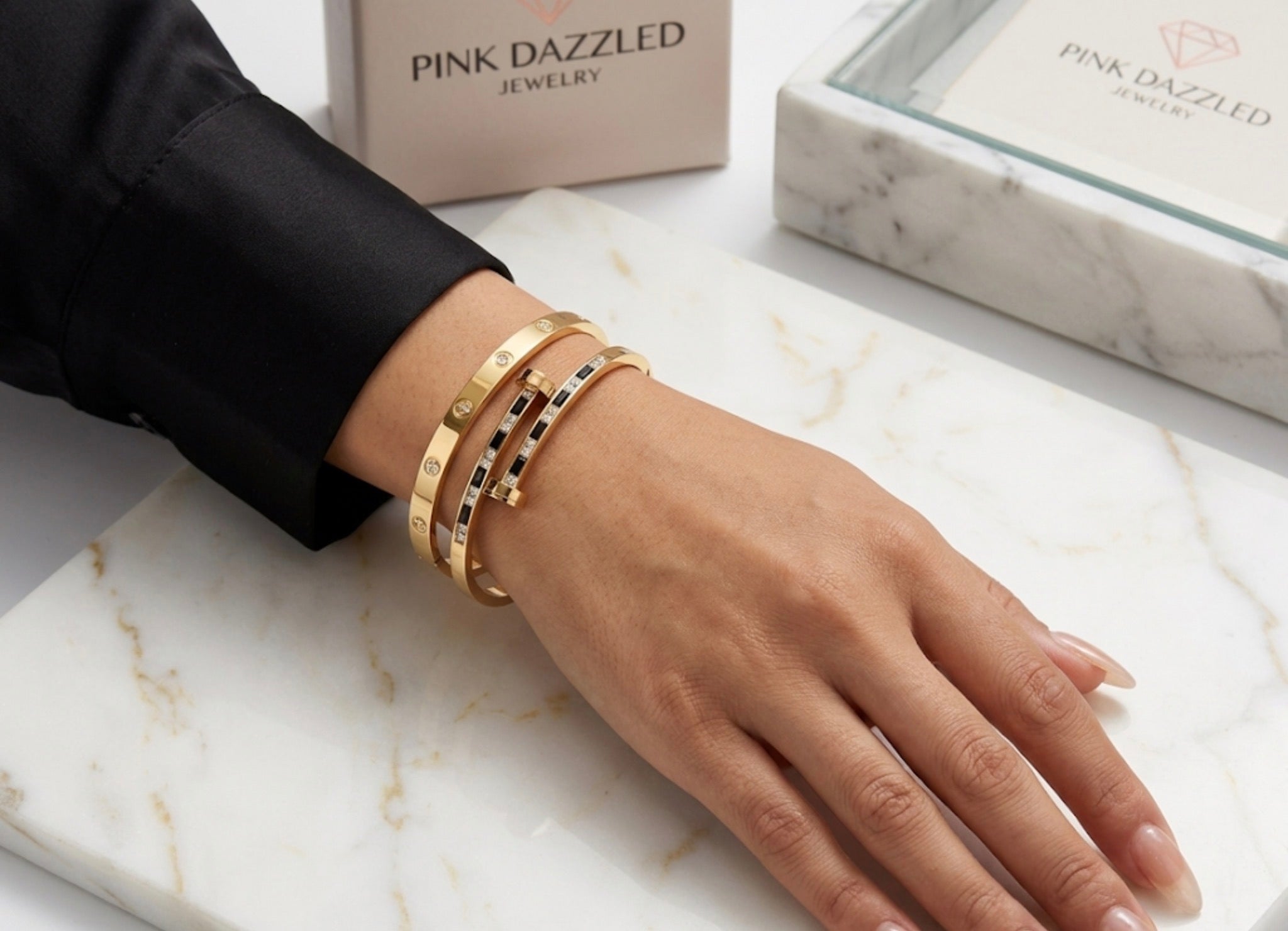 Black and White CZ Nail Gold Bangle Set Stainless Steel