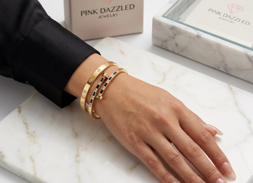 Black and White CZ Nail Gold Bangle Set Stainless Steel