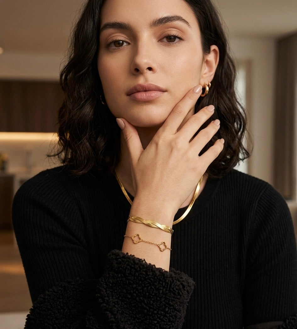 Twisted Gold Snake chain Necklace and Bracelet Set Stainless Steel