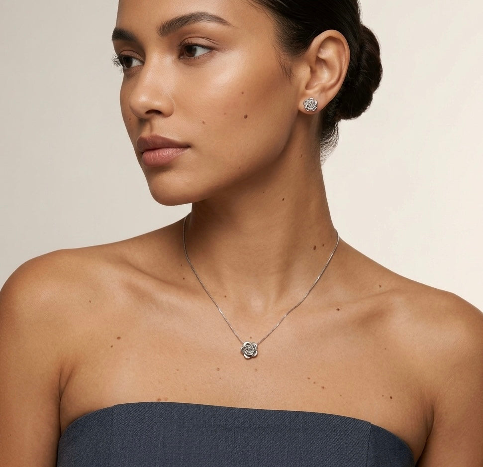 Silver Rose Necklace and Earring Set Stainless Steel