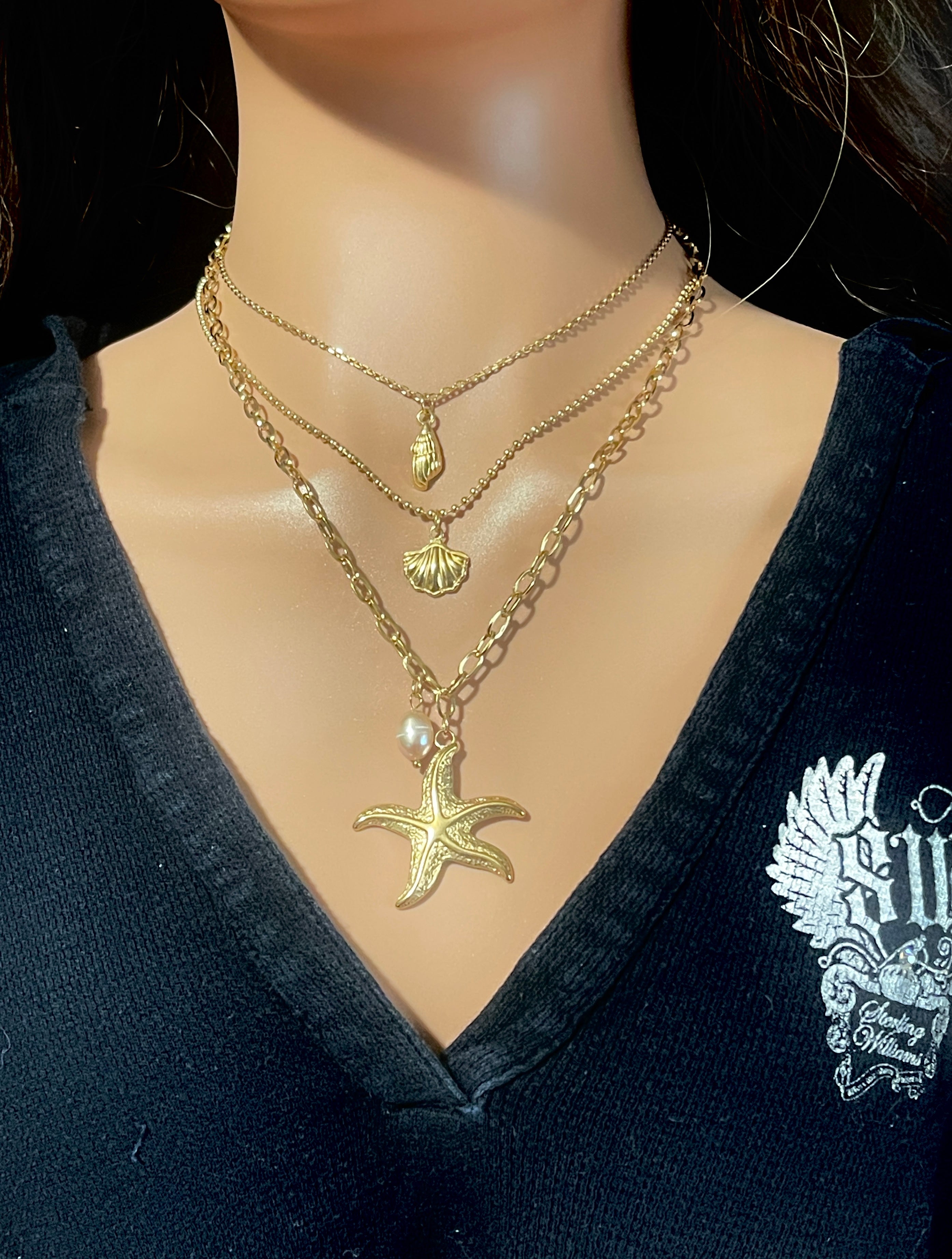 Starfish and Shells Layered Stainless Steel Necklace