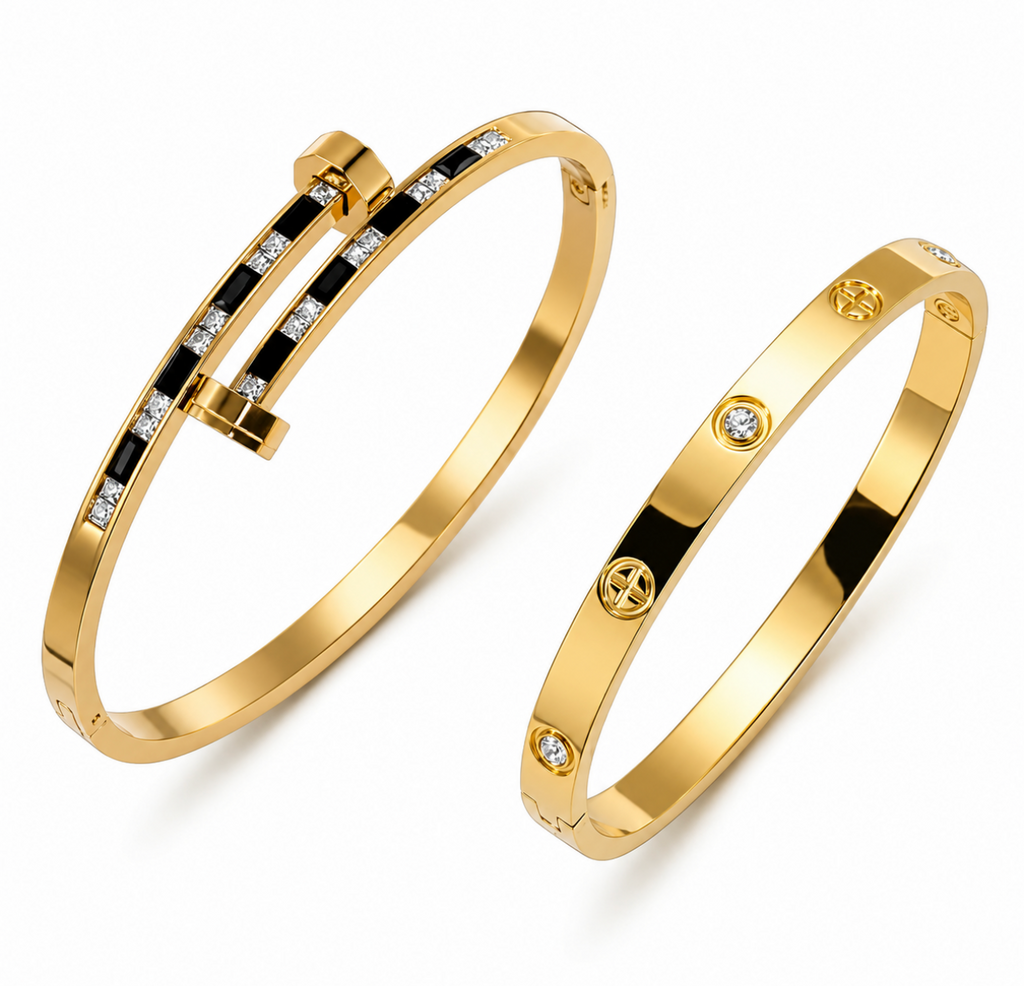 Black and White CZ Nail Gold Bangle Set Stainless Steel