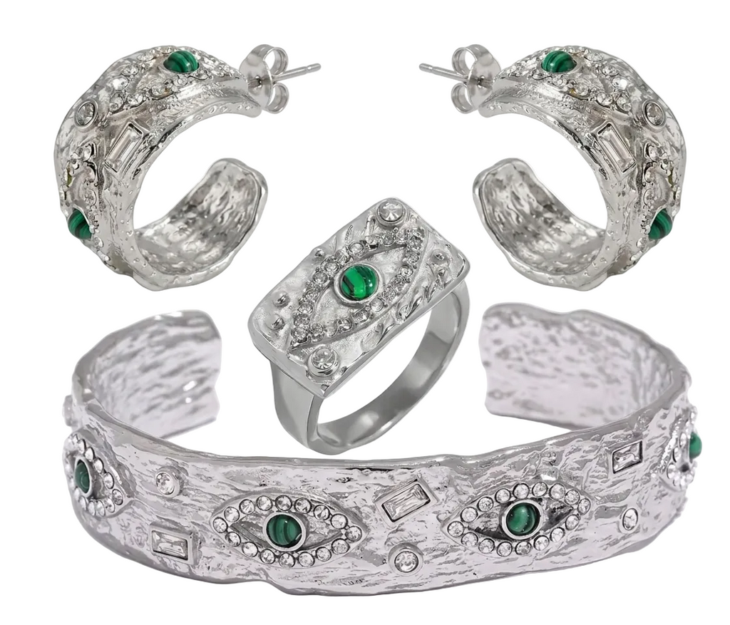Silver Malachite Evil Eye Set Stainless Steel
