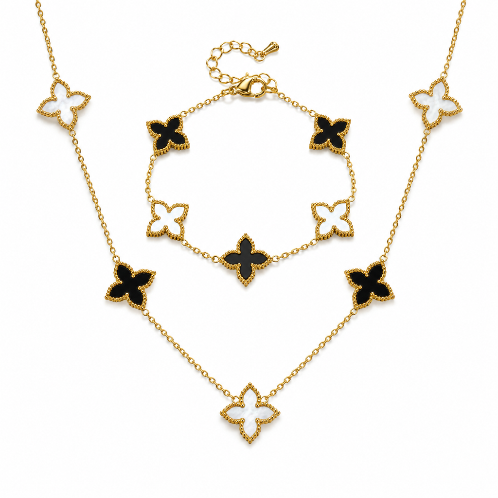 Black and White Clover Necklace and Bracelet Set Stainless Steel