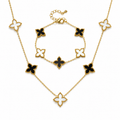 Black and White Clover Necklace and Bracelet Set Stainless Steel