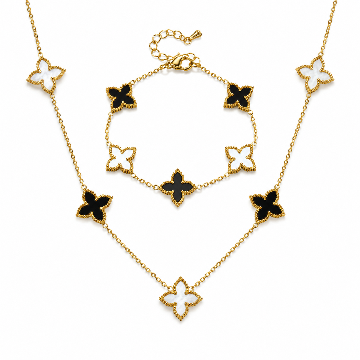 Black and White Clover Necklace and Bracelet Set Stainless Steel