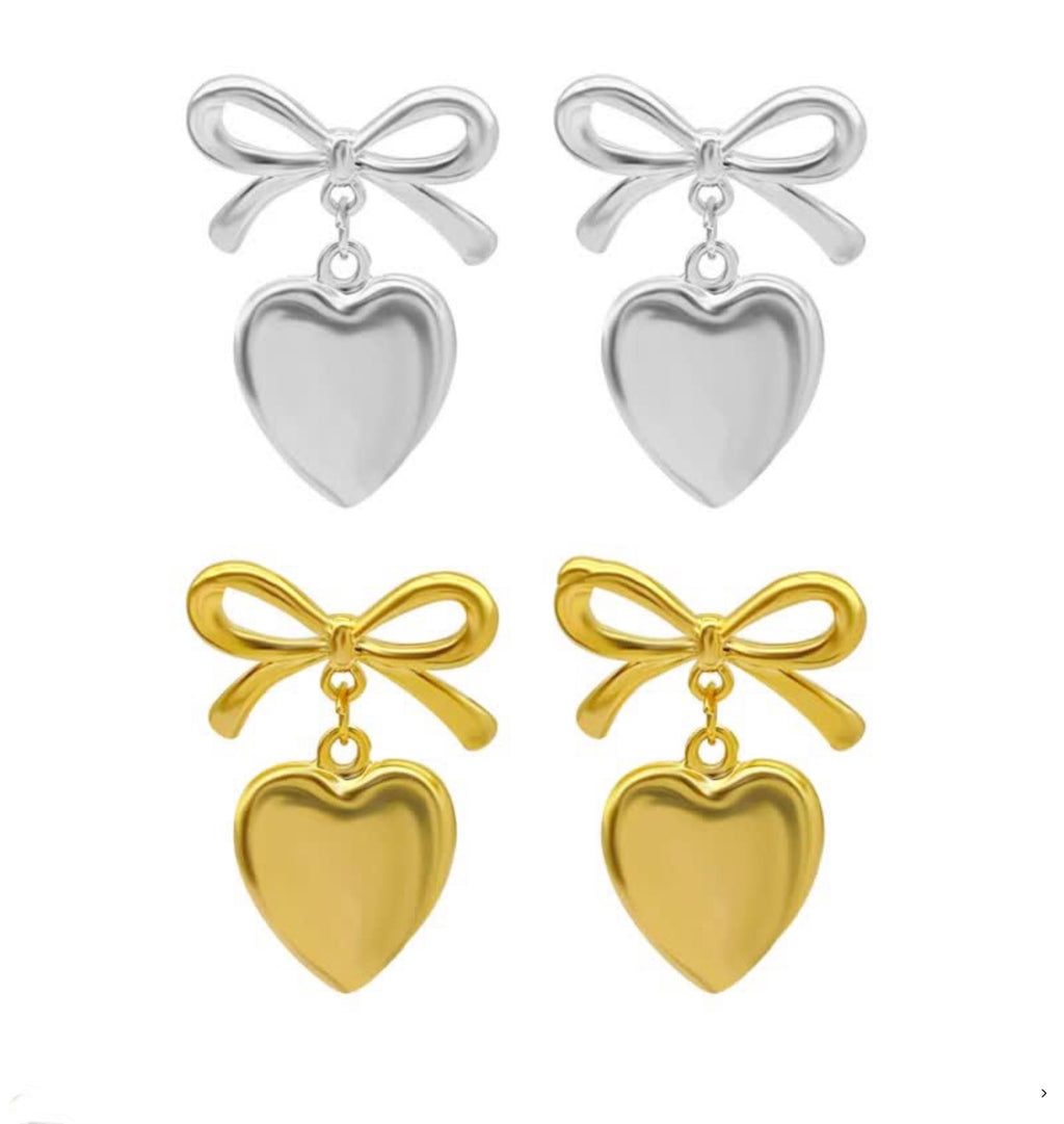 Bow Heart Dangle Earrings Stainless Steel