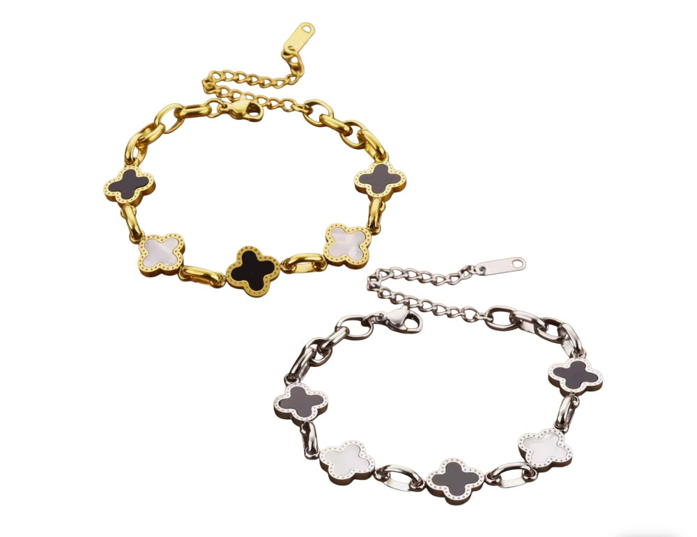 Black and White Clover Link Chain Bracelet Titanium Steel