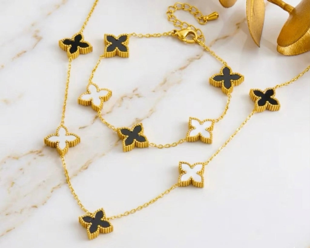 Black and White Clover Necklace and Bracelet Set Stainless Steel