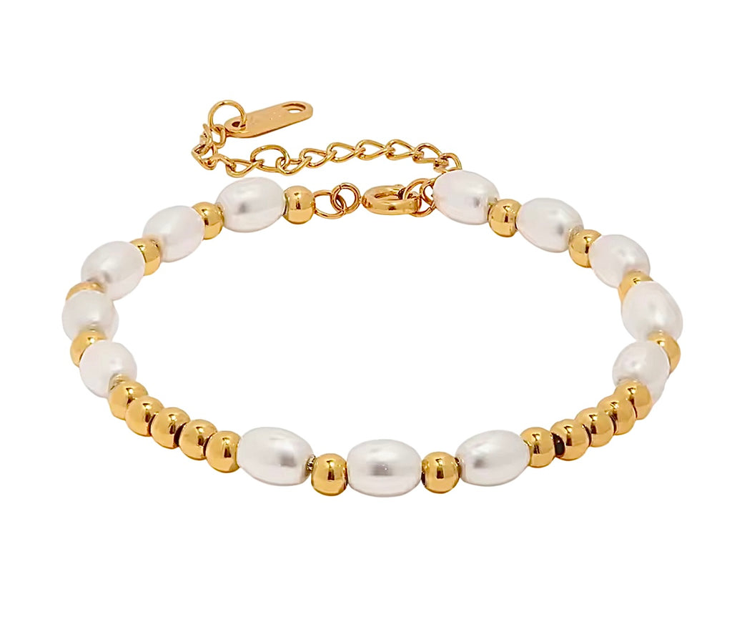 Freshwater Pearl and Gold Beaded Chain Bracelet Stainless Steel