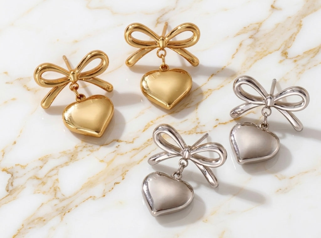 Bow Heart Dangle Earrings Stainless Steel
