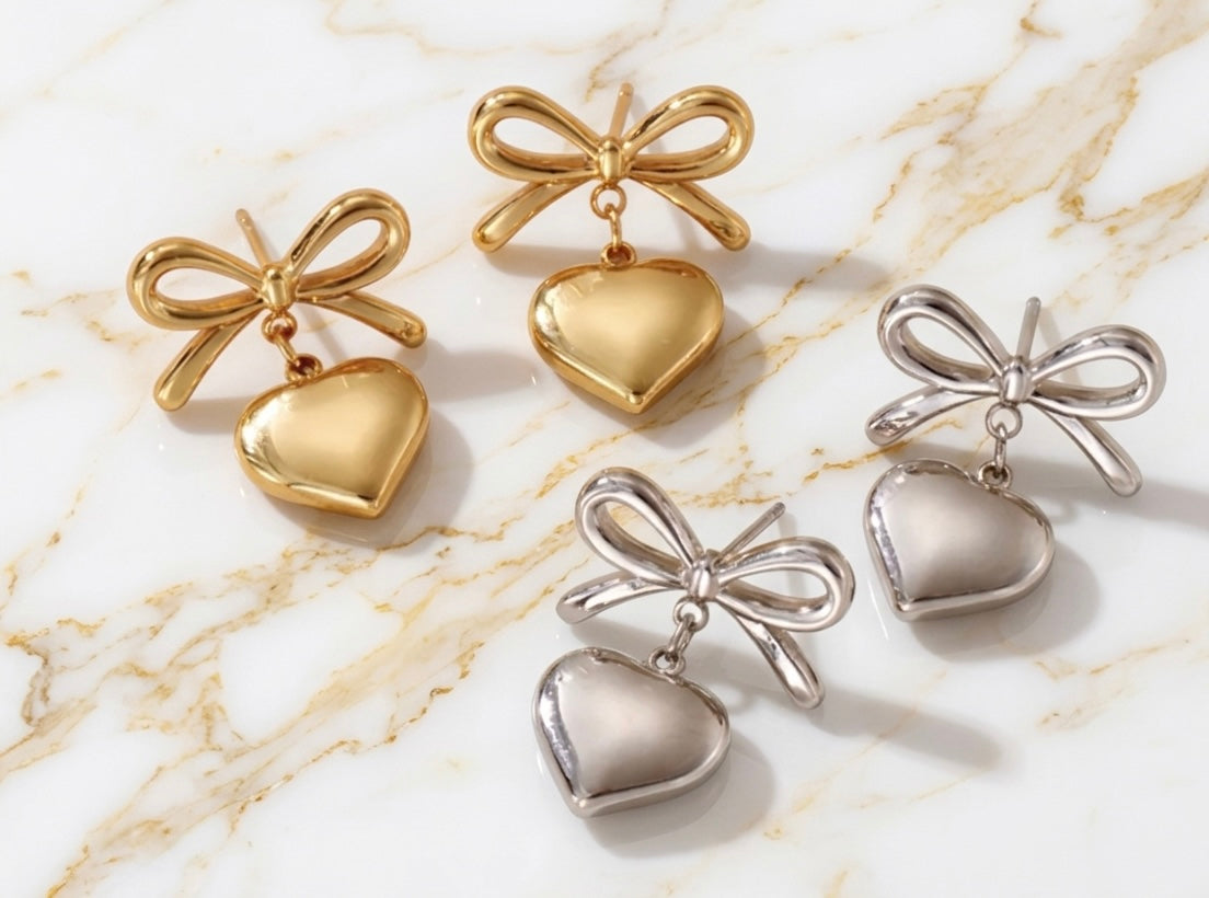 Bow Heart Dangle Earrings Stainless Steel