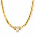 A gold curb-style chain necklace features a central pendant set with a marquise-cut diamond in a bezel setting. The center stone is framed on both sides by small, round diamond accents set along textured gold shoulders.