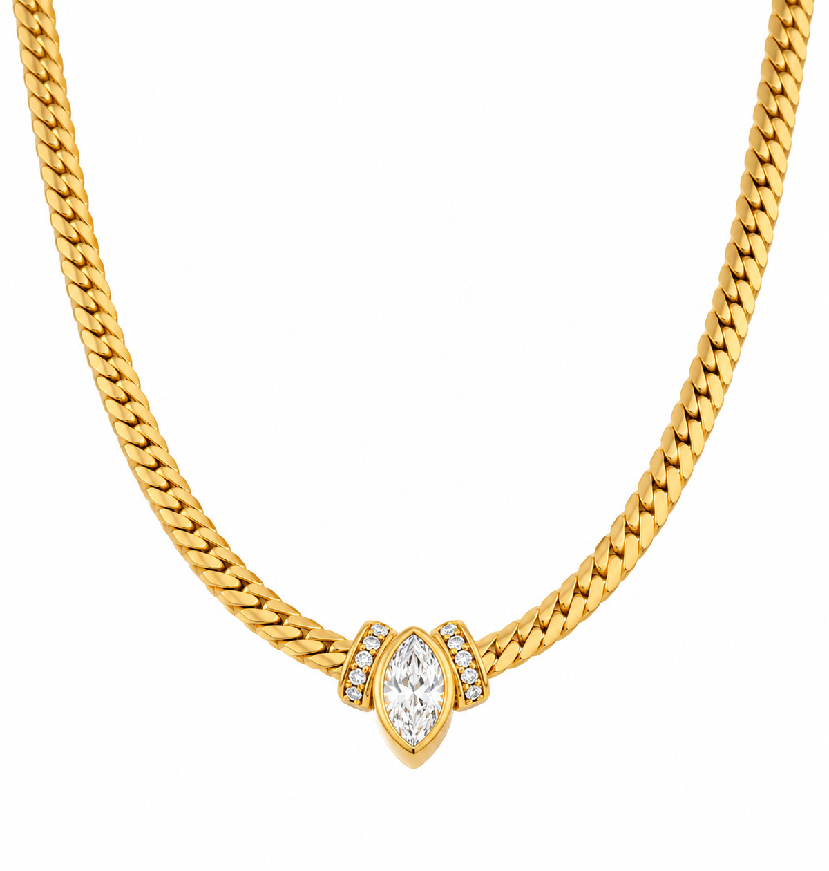 A gold curb-style chain necklace features a central pendant set with a marquise-cut diamond in a bezel setting. The center stone is framed on both sides by small, round diamond accents set along textured gold shoulders.
