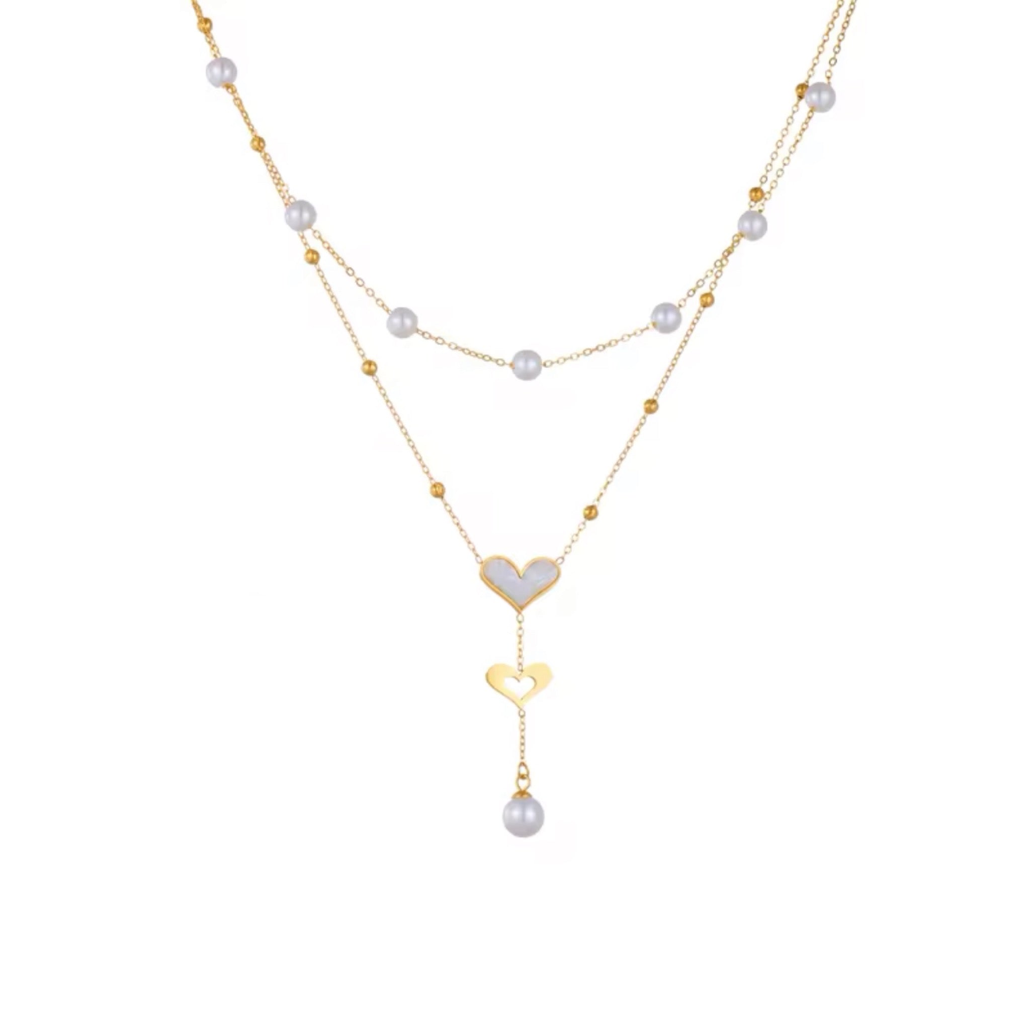 Pearl Heart Drop Necklace Set Stainless Steel