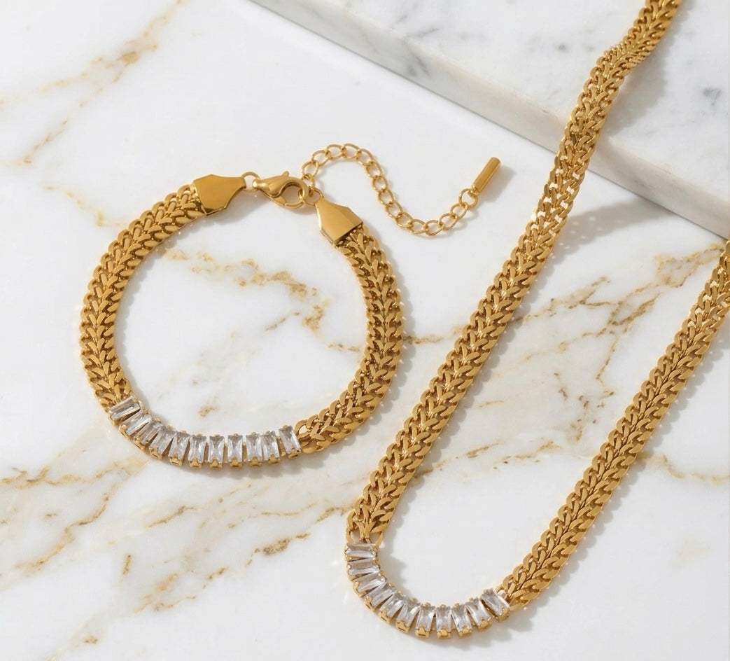 CZ Double Gold Chain Necklace and Bracelet Set