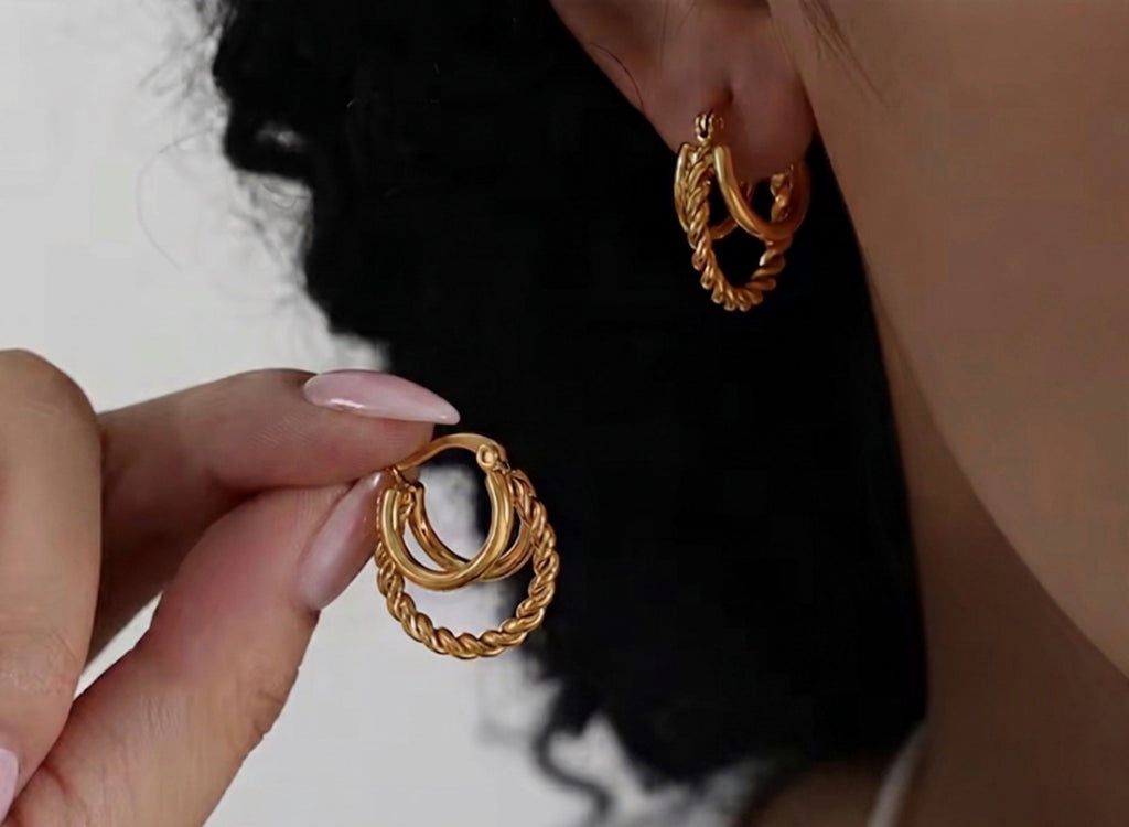 Twisted Triple Hoop Gold Earrings Stainless Steel