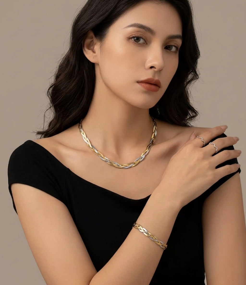 Tri-Color Triple Braided Snake chain Necklace and Bracelet Set Stainless Steel