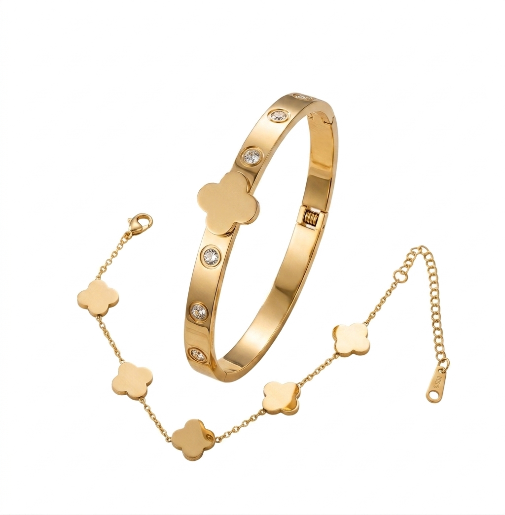 Gold Clover Bracelet Set Stainless Steel