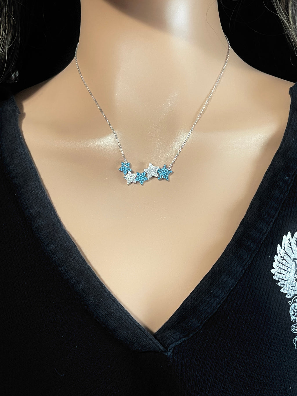 Pave Turquoise CZ Sterling Silver Constellation Star Necklace