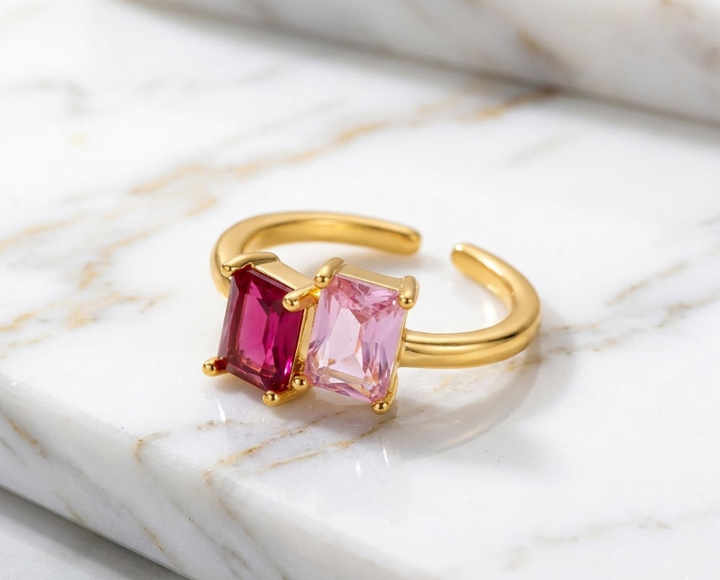 Double Emerald Cut Pink CZ Adjustable Ring Stainless Steel