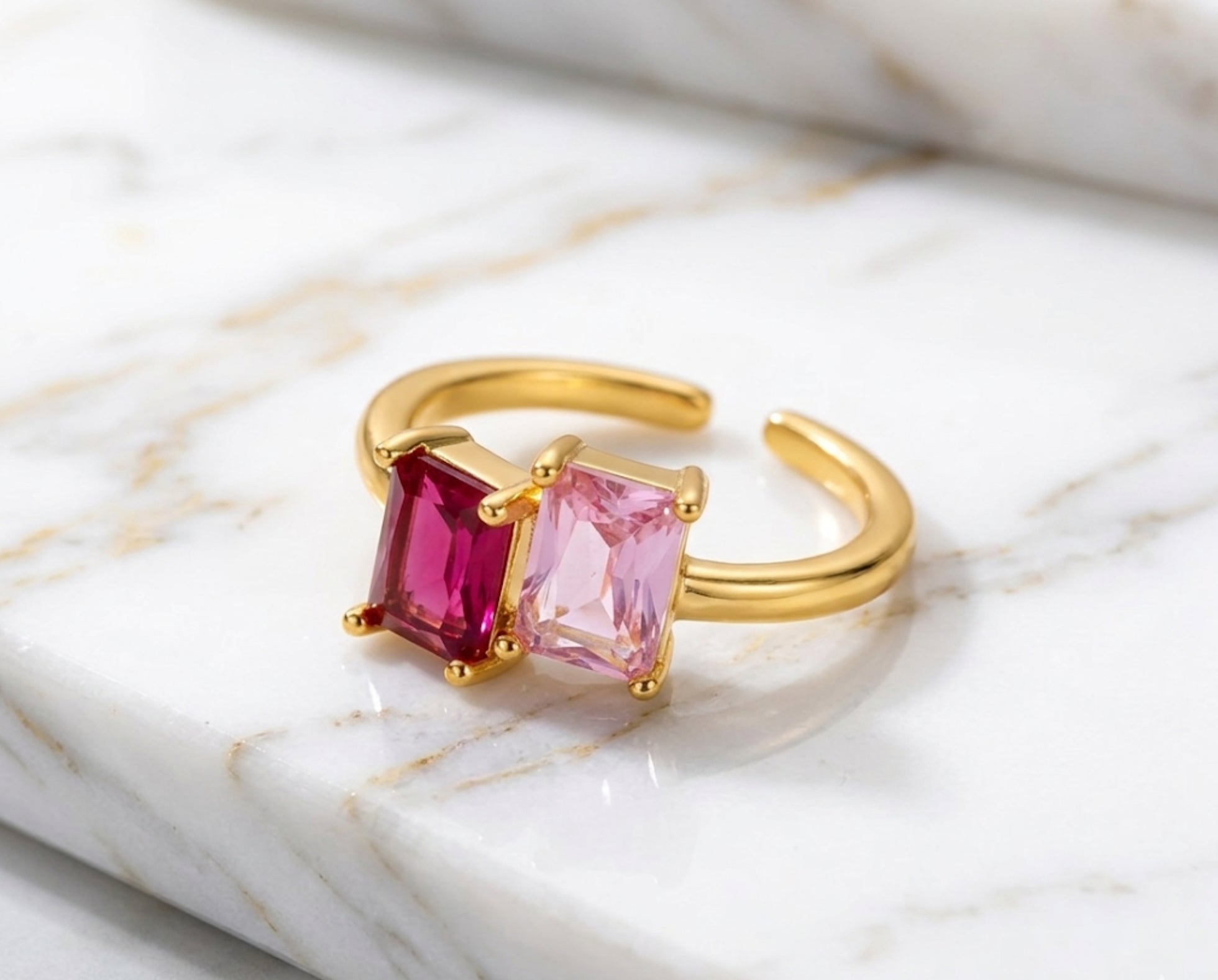 Double Emerald Cut Pink CZ Adjustable Ring Stainless Steel