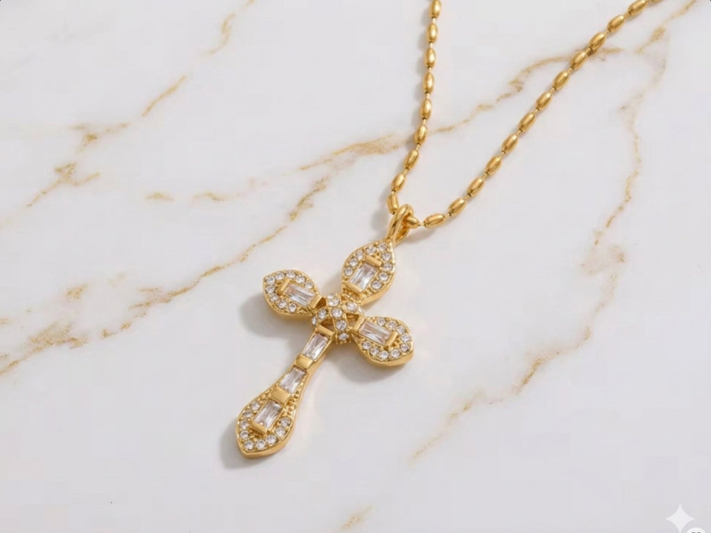 Pave CZ Lux Cross Pendant Necklace Stainless Steel