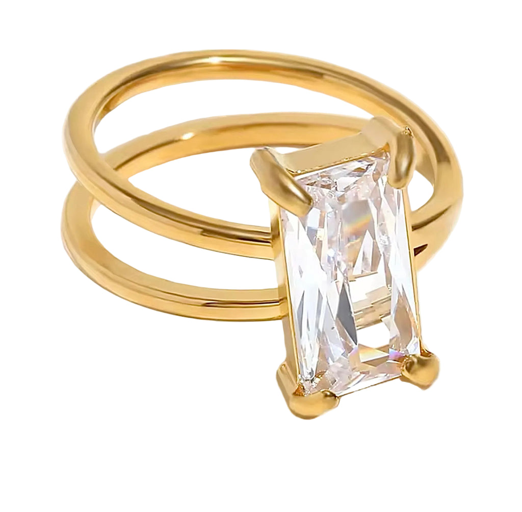 Unique CZ Solitaire Double Ring Stainless Steel