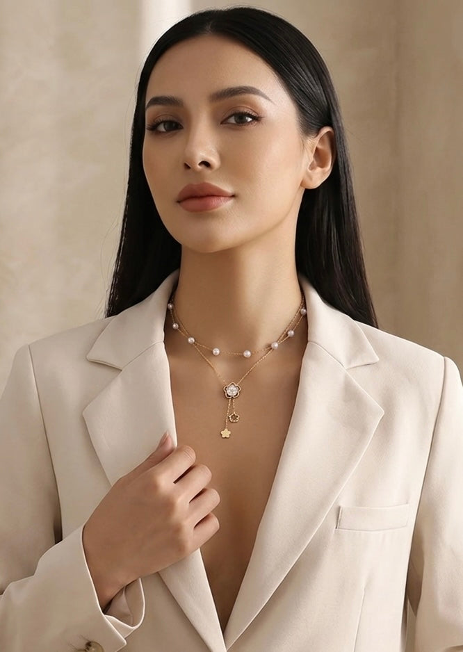 Pearls and Flower Necklace Set Stainless Steel