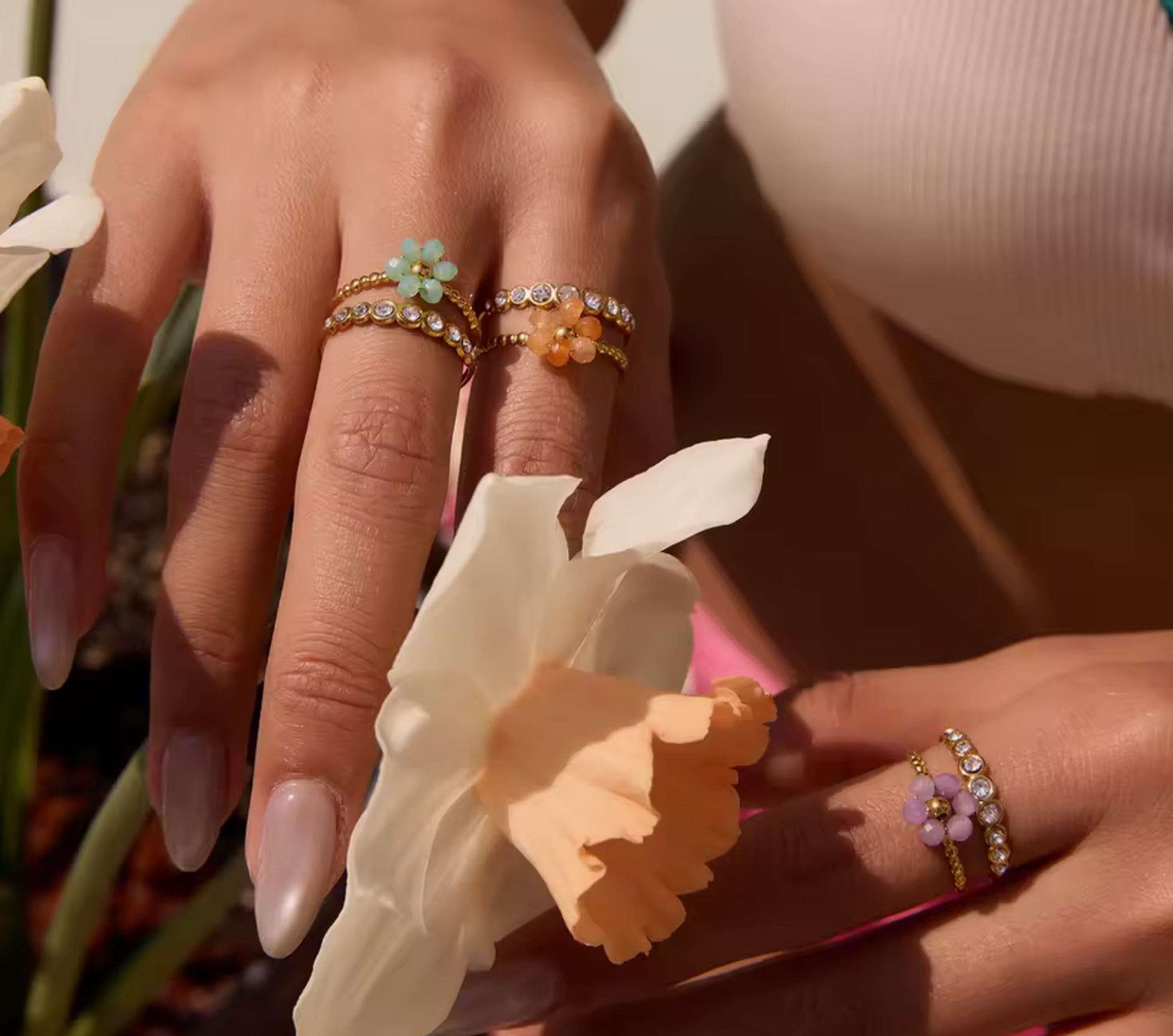 Crystal Beaded Flower Layered Ring Stainless Steel