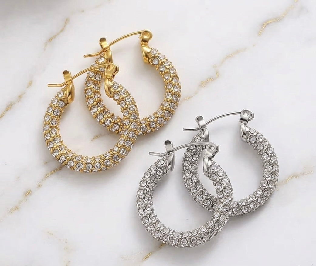 Pave CZ Hoop Earrings Stainless Steel