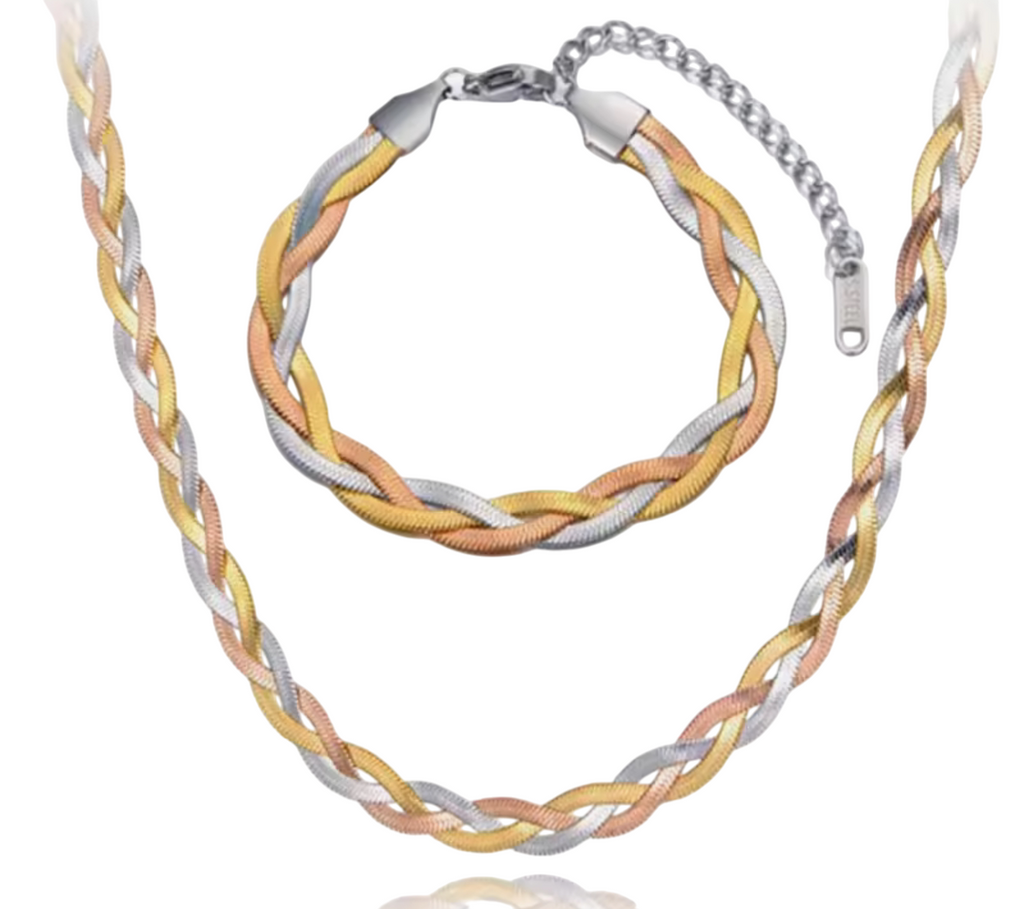 Tri-Color Triple Braided Snake chain Necklace and Bracelet Set Stainless Steel