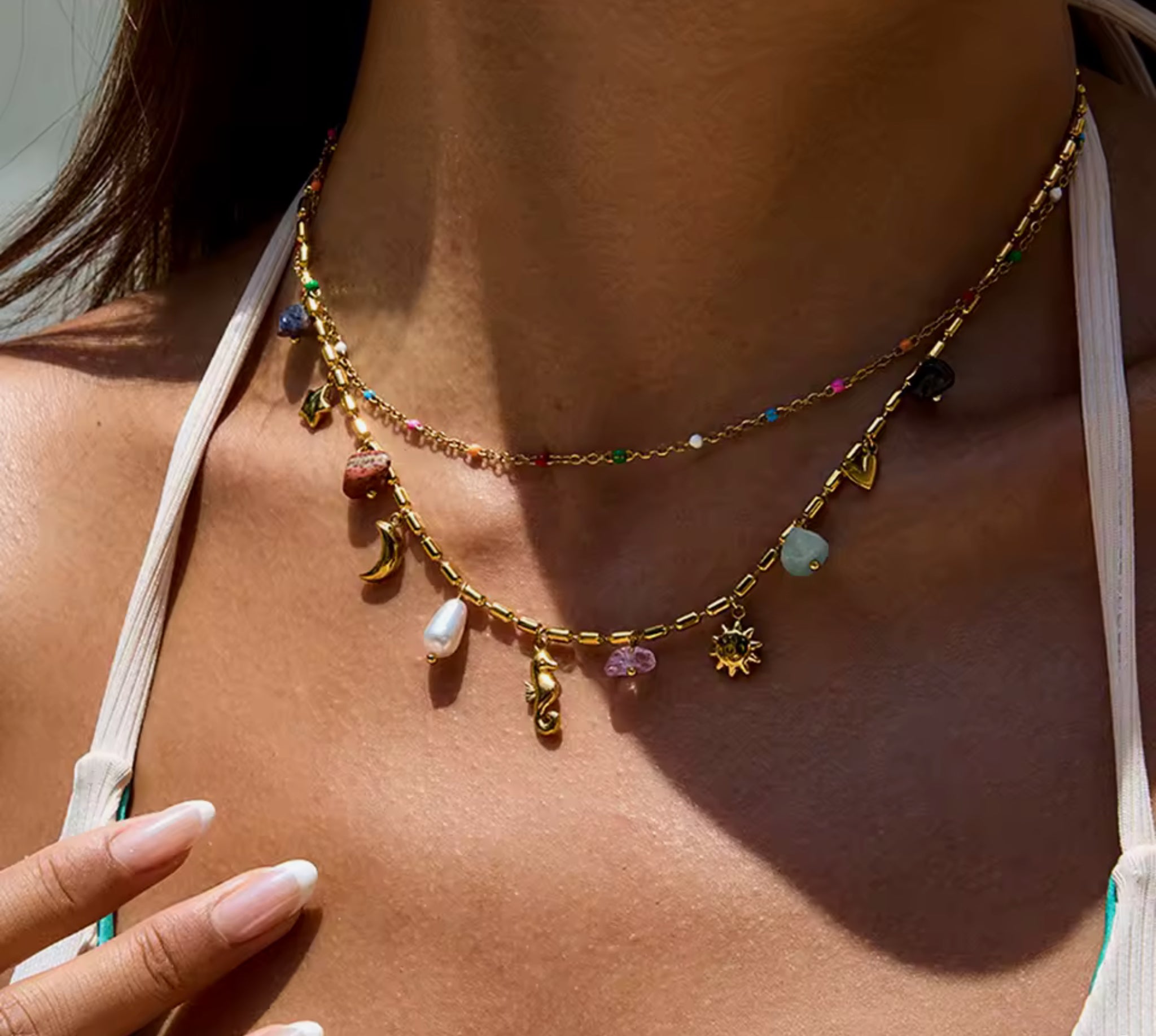 Layered Beaded Charm Necklace Stainless Steel