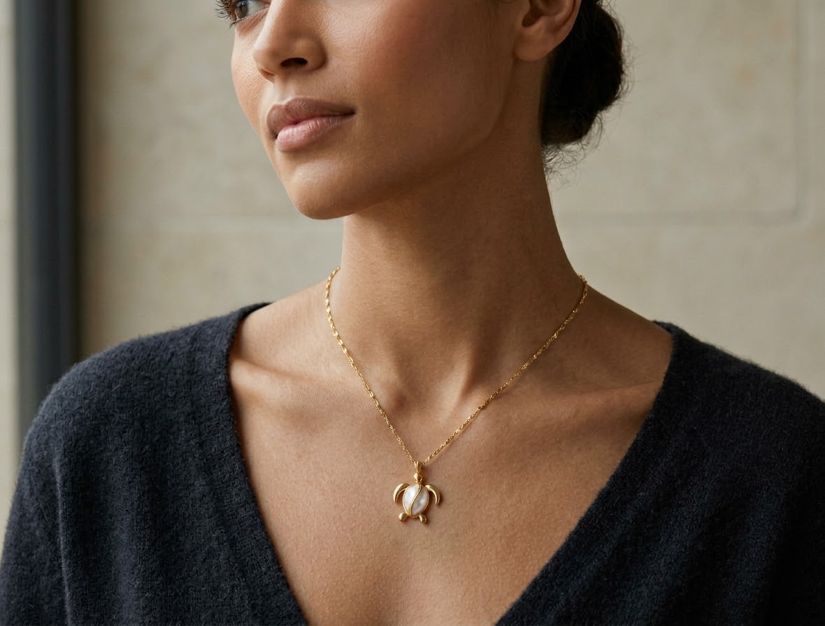 A close-up photograph focusing on the neck and chest of a woman with dark skin. She is wearing a thin gold chain necklace with a turtle-shaped pendant that features white enamel or stone inlays, and she has on a dark charcoal knit cardigan.