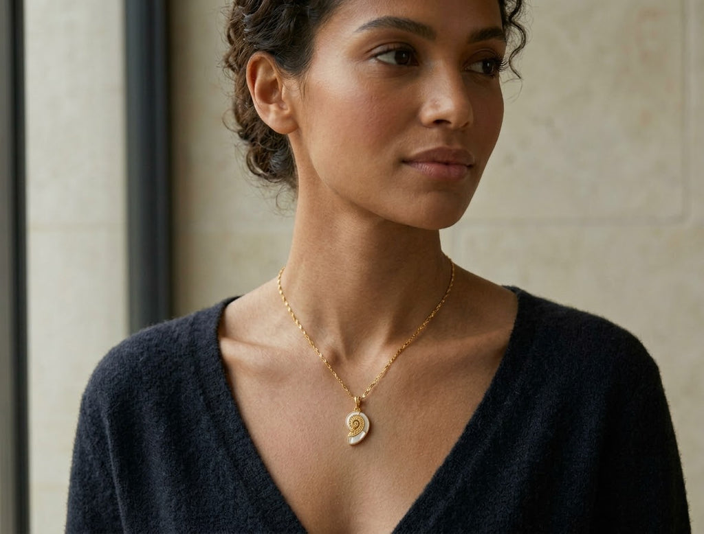 Close-up photo of a model wearing a fine gold chain necklace featuring a spiral nautilus shell pendant made with white enamel inlays and gold scrollwork.