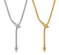 Two snake-shaped lariat necklaces displayed side-by-side on a plain background, one in silver tone on the left and one in gold tone on the right. Each flexible mesh chain threads through a stylized serpent-head slider set with a small, sparkly gemstone, creating a Y-necklace silhouette with a pointed, teardrop-shaped tail dangling below.