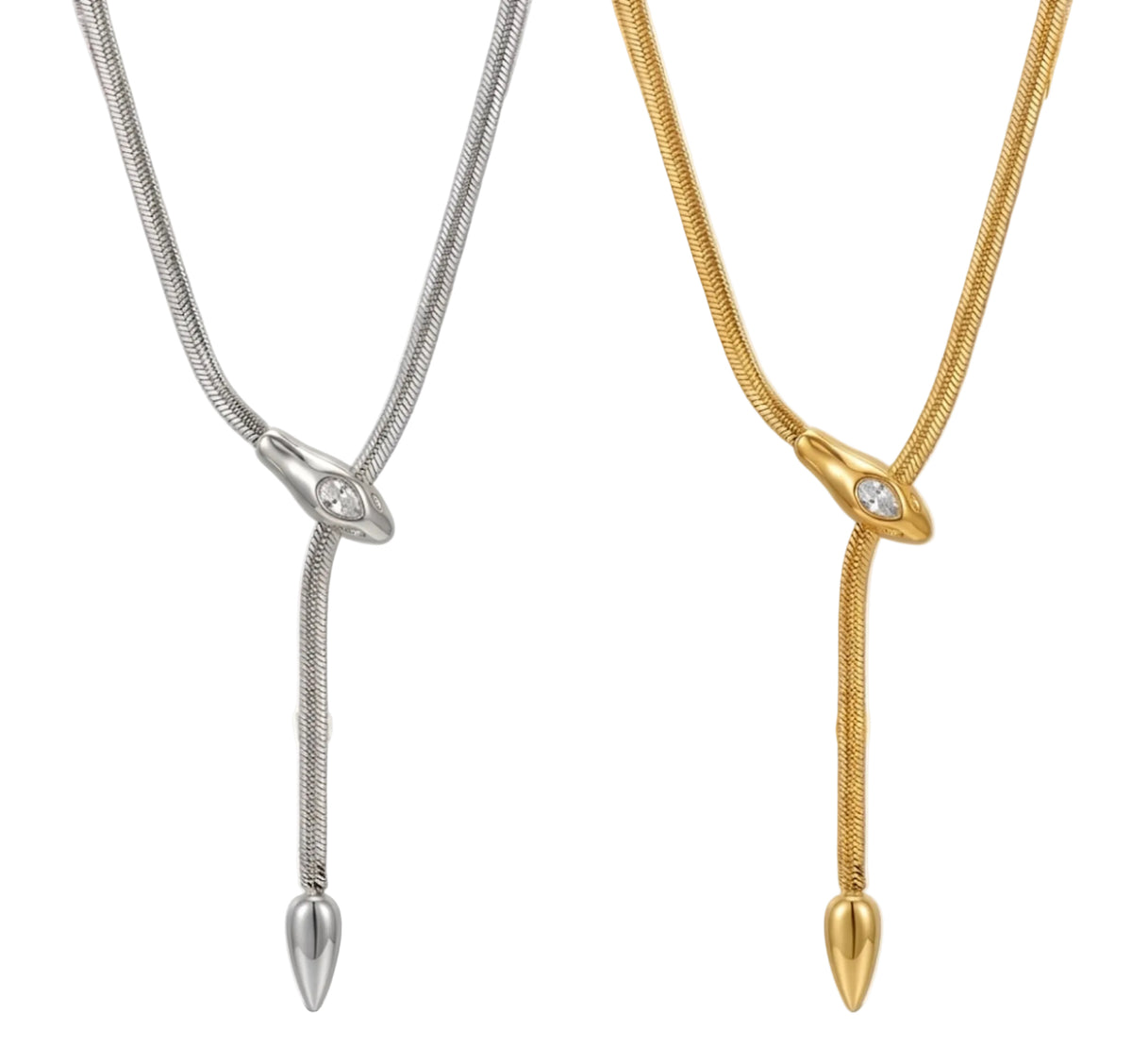 Two snake-shaped lariat necklaces displayed side-by-side on a plain background, one in silver tone on the left and one in gold tone on the right. Each flexible mesh chain threads through a stylized serpent-head slider set with a small, sparkly gemstone, creating a Y-necklace silhouette with a pointed, teardrop-shaped tail dangling below.