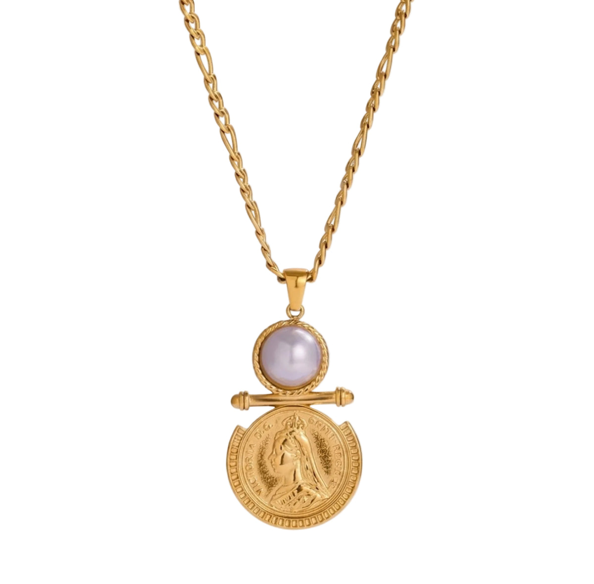 A gold pendant necklace featuring a round white pearl and an antique gold coin pendant, displayed on a clean white background with a subtle reflection.