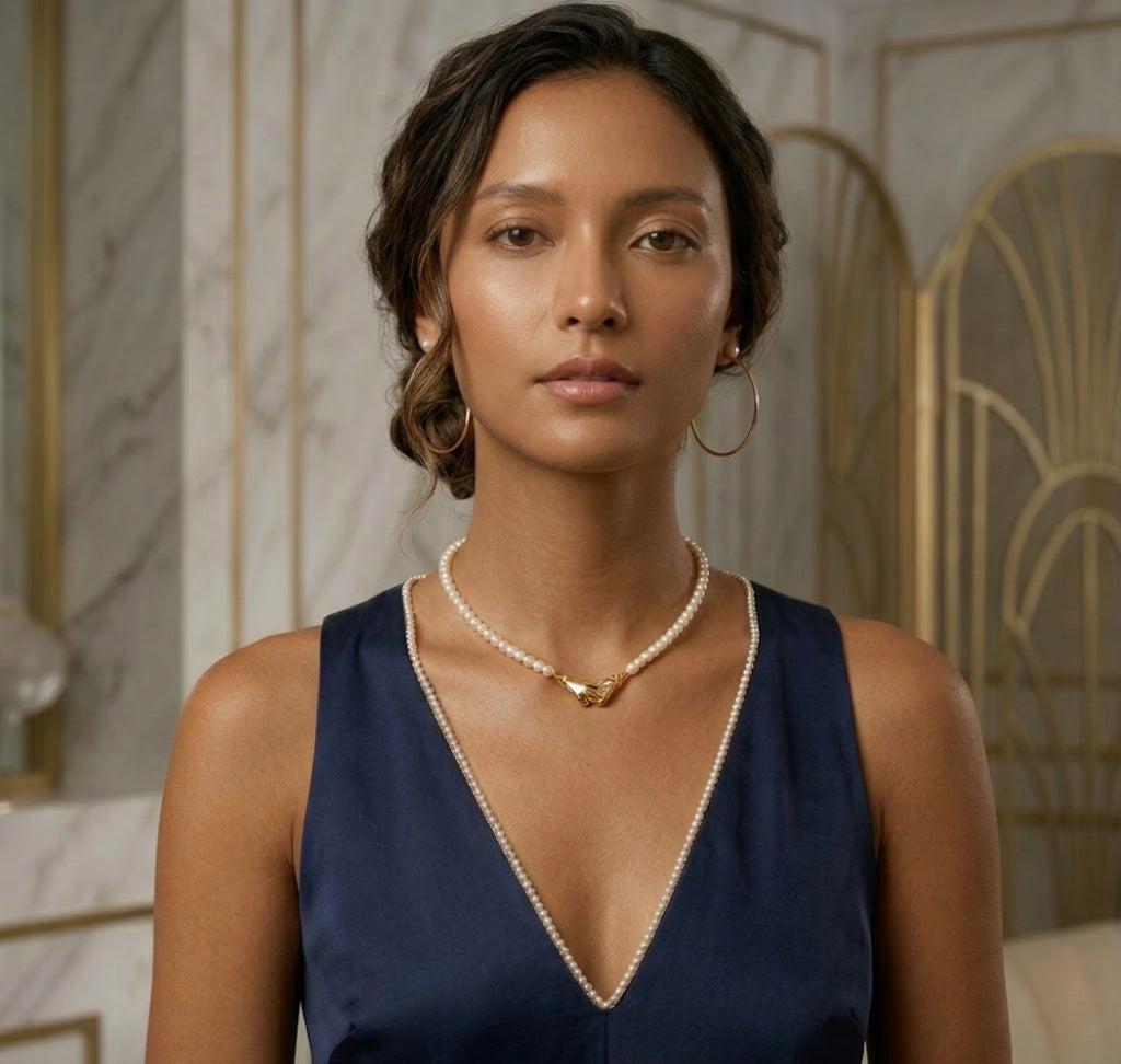 A direct, chest-up photograph of a woman with medium-tan skin, looking forward with a neutral expression. Her textured low bun, large gold hoop earrings, and a single-strand pearl choker with a central gold clasp are all visible. She wears a navy blue V-neck sleeveless top with pearl piping along the edge. The background is a gently focused room with light marble walls and a tall, gold art deco-style divider.